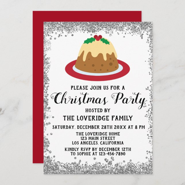 Christmas Pudding Xmas Party Red Silver Glitter Invitation (Front/Back)