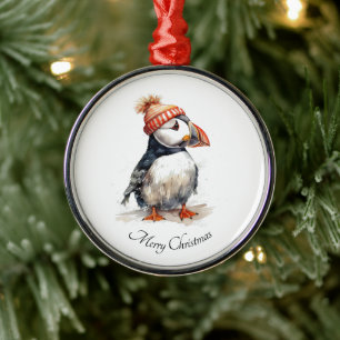 Christmas Puffin, customizable Metal Ornament