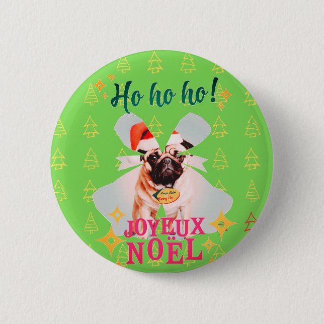 Christmas pug 2 inch round button (Front)