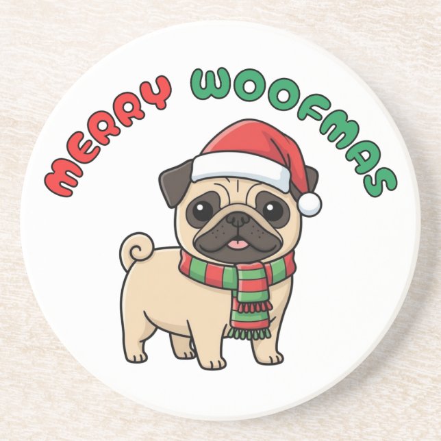 Christmas Pug Coaster: Merry Woofmas Coaster (Front)