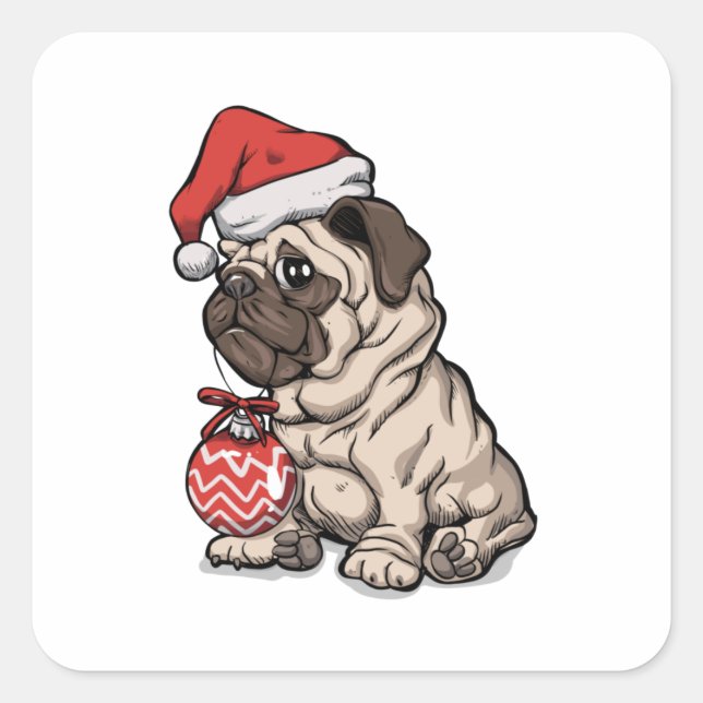 Christmas Pug cute hat cartoon Square Sticker (Front)
