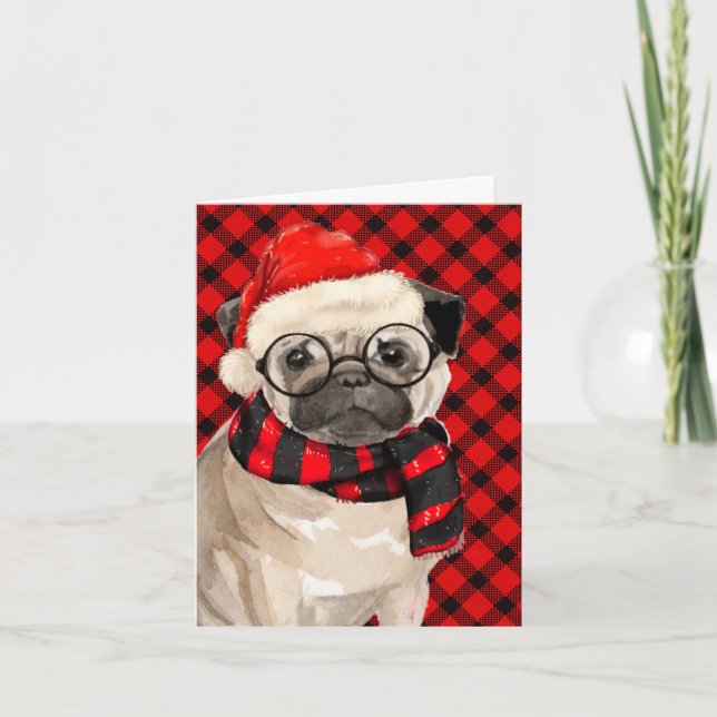Christmas Pug Dog and Red Black Plaid Holiday Card (Front)