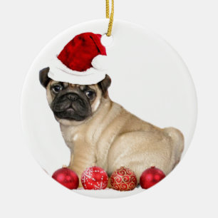 Christmas pug dog ceramic ornament