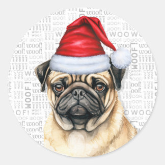 Christmas Pug Dog in Santa Hat Holiday Classic Round Sticker