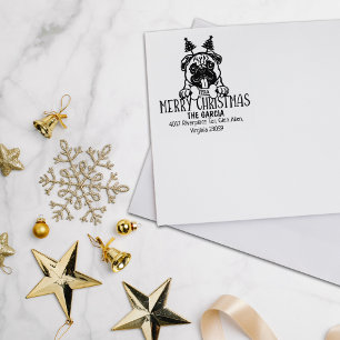 Christmas Pug Dog Merry Return Address Rubber Stamp
