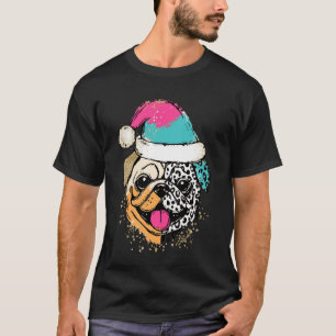 Christmas Pug Dog Santa Hat Splatter Style Long Sl T-Shirt