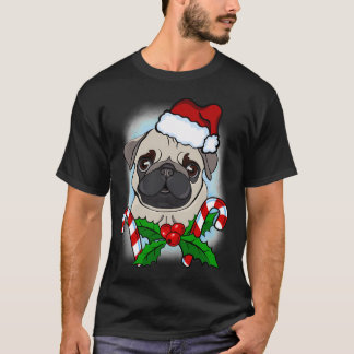 Christmas Pug Dog with Santa Claus Hat, Candy Cane T-Shirt
