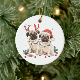 Christmas Pug Dogs Ceramic Ornament