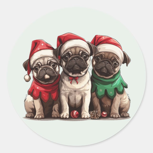 Christmas Pug Dogs Classic Round Sticker (Front)