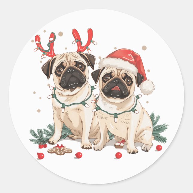 Christmas Pug Dogs Classic Round Sticker (Front)