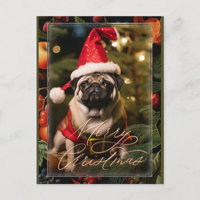 Christmas Pug Elf Holiday Postcard (Front)