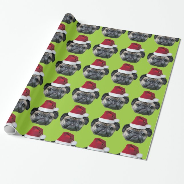 Christmas Pug green wrapping paper (Unrolled)