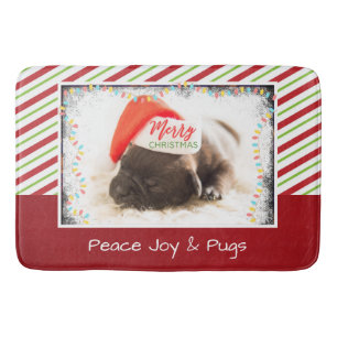 Christmas Pug in Santa Hat with Christmas Lights Bath Mat