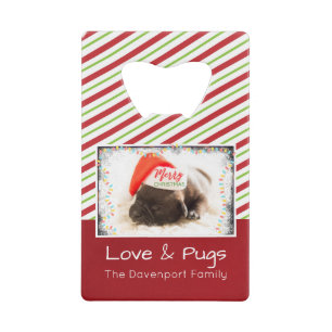 Christmas Pug in Santa Hat with Christmas Lights Credit Card Bottle Opener