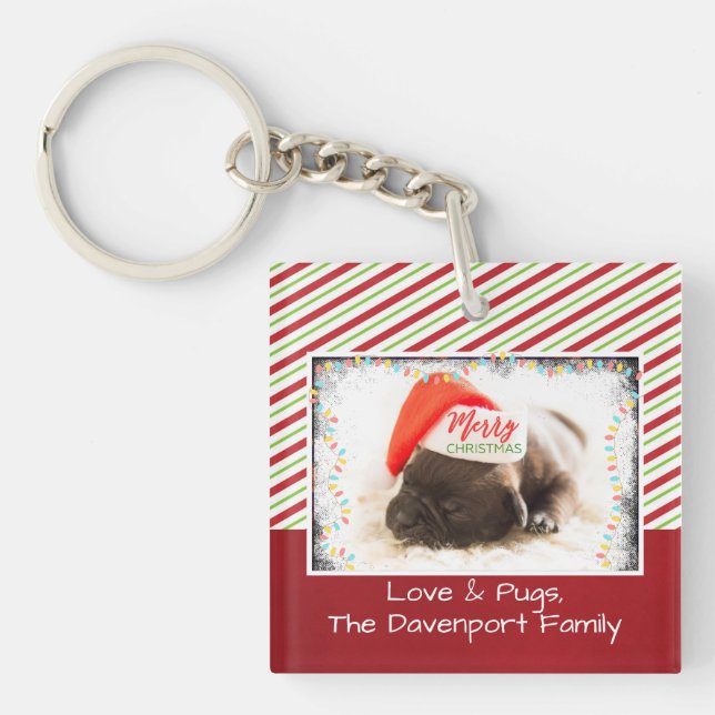 Christmas Pug in Santa Hat with Christmas Lights Keychain (Front)