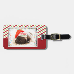 Christmas Pug in Santa Hat with Christmas Lights Luggage Tag