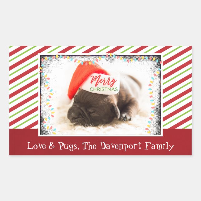 Christmas Pug in Santa Hat with Christmas Lights Sticker (Front)
