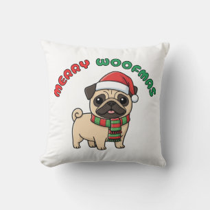Christmas Pug Pillow: Merry Woofmas Throw Pillow