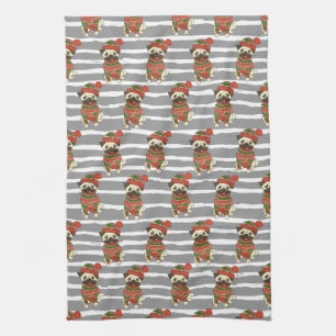 Christmas Pug Portrait Pattern Kitchen Towel