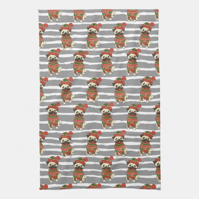 Christmas Pug Portrait Pattern Kitchen Towel (Vertical)