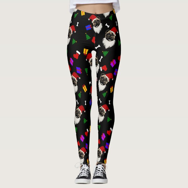 Christmas Pug Santa Hat Stockings and Gifts Leggings (Front)