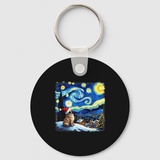 Christmas Pug Starry Night  Keychain (Front)
