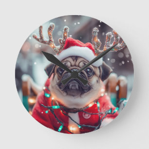 Christmas Pug Wall Clock with Reindeer Antlers - F