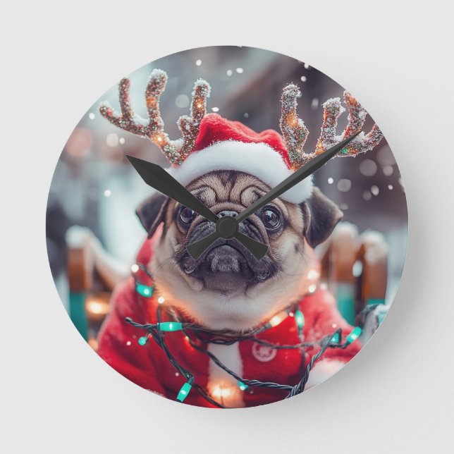 Christmas Pug Wall Clock with Reindeer Antlers - F (Front)