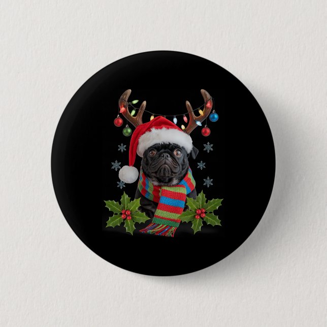 Christmas Pug With Antlers Santa Hat Cozy Scarf De 2 Inch Round Button (Front)