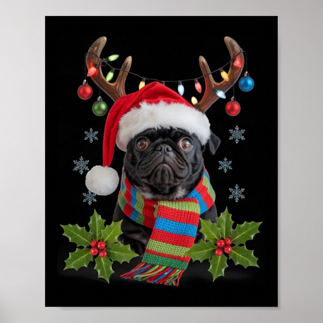 Christmas Pug With Antlers Santa Hat Cozy Scarf De Poster (Front)