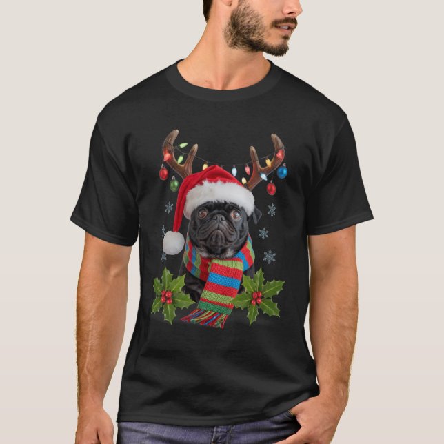 Christmas Pug With Antlers Santa Hat Cozy Scarf De T-Shirt (Front)