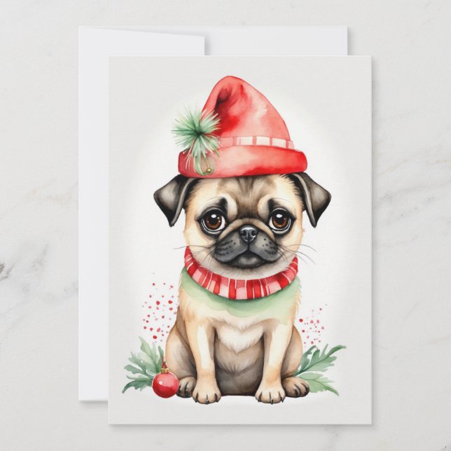 Christmas Pug with Red Hat Flat Holiday Card (Front)
