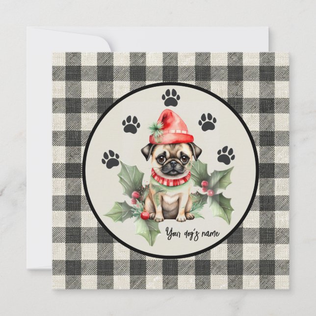 Christmas Pug with Red Hat Flat Holiday Card (Front)