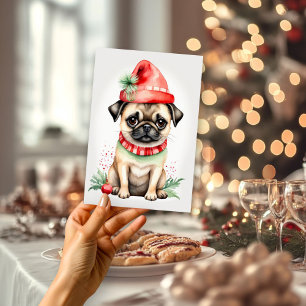 Christmas Pug with Red Hat Flat Holiday Card