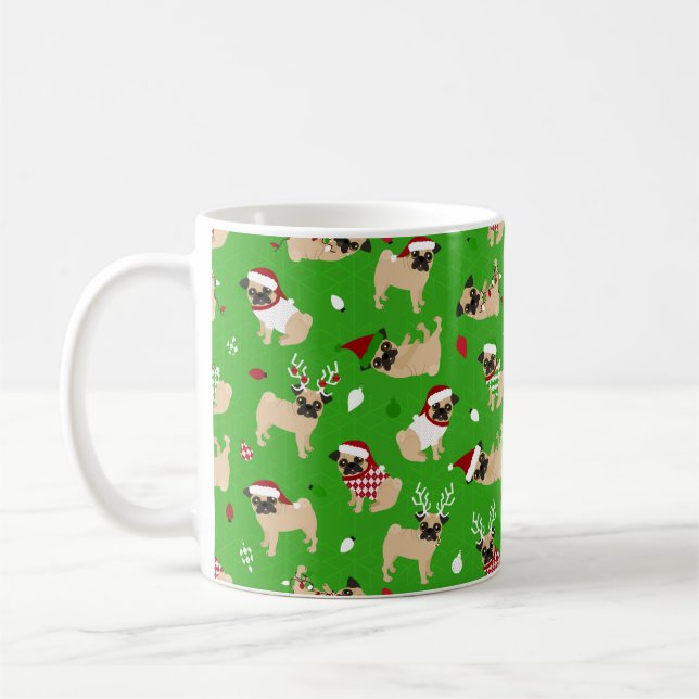 Christmas Pugs Green Coffee Mug (Left)