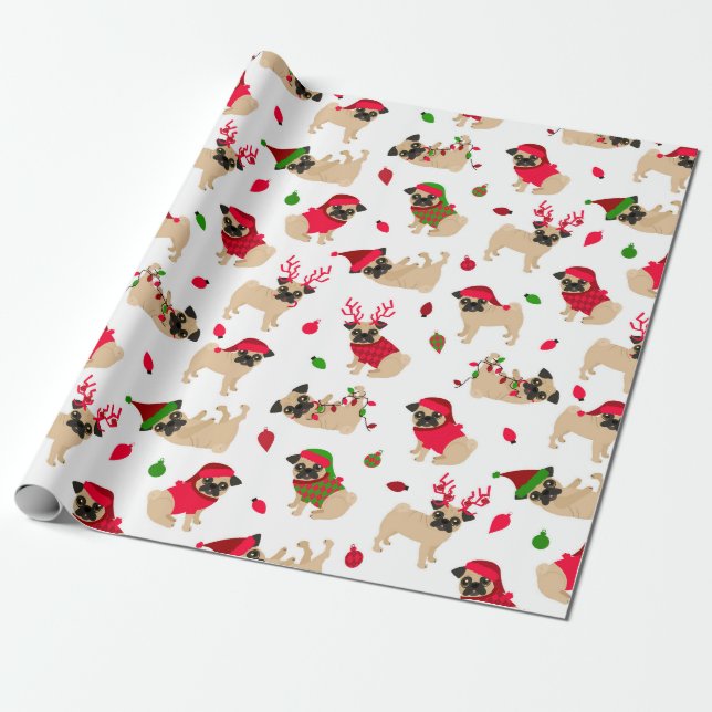 Christmas Pugs White Wrapping Paper (Unrolled)