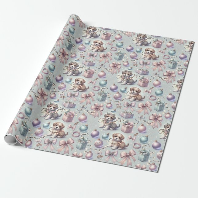 Christmas Puppies and Ribbons Wrapping Paper (Unrolled)