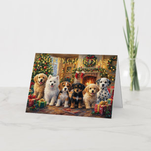 Christmas Puppies by Fireplace and Decorated Tree Foil Holiday Card