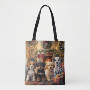 Christmas Puppies by Fireplace and Decorated Tree Tote Bag