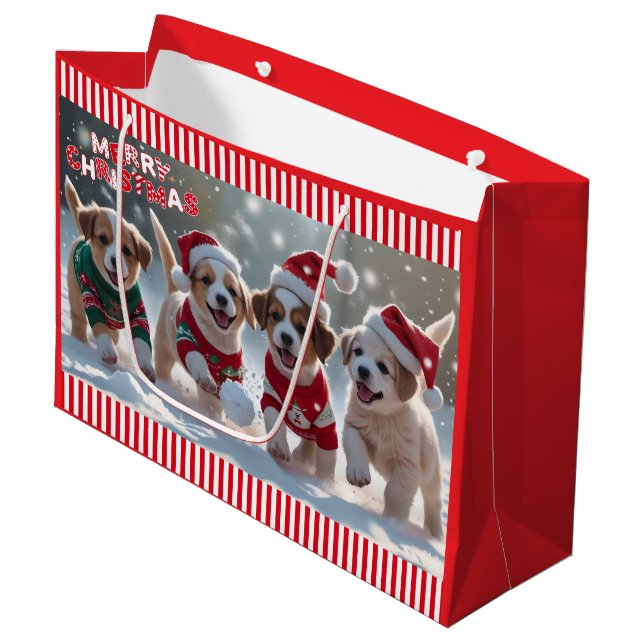 Christmas Puppies in Sweaters Playing in Snow Large Gift Bag (Front Angled)