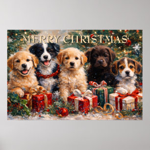 Christmas Puppies with Gifts Under Decorated Tree Poster