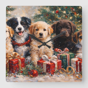 Christmas Puppies with Gifts Under Decorated Tree Square Wall Clock