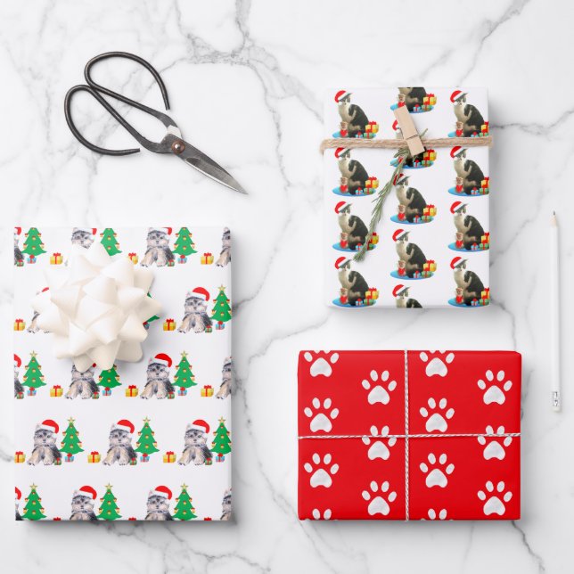 Christmas puppy dog, carol cat & paws on red wrapping paper sheet (Front)