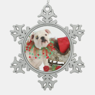 Christmas Puppy - English Bulldog Puppy Sitting Snowflake Pewter Christmas Ornament