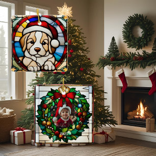 Christmas Puppy Faux Stained Glass Ceramic Ornament