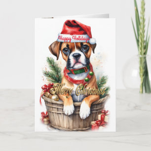 Christmas puppy in a basket holiday card "Boxer "