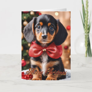 Christmas puppy in a basket holiday card Doxie