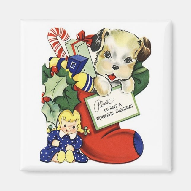 Christmas Puppy in Stocking Vintage Magnet (Front)