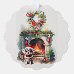 CHRISTMAS PUPPY STAYING WARM BY THE FIREPLACE ORNAMENT CARD