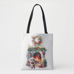 CHRISTMAS PUPPY STAYING WARM BY THE FIREPLACE TOTE BAG